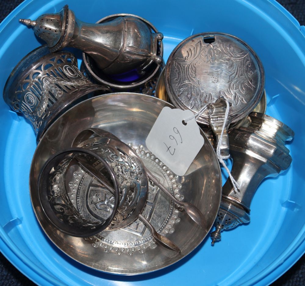 A Victorian pierced silver mustard, 3 pierced silver salts, 2 silver peppers, an .800 bowl and silver dish with inset coin and pair of